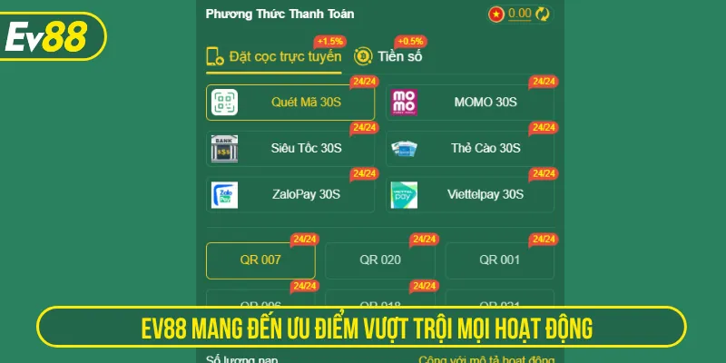 Hệ thống thanh toán EV88 phong phú theo nhu cầu người chơi