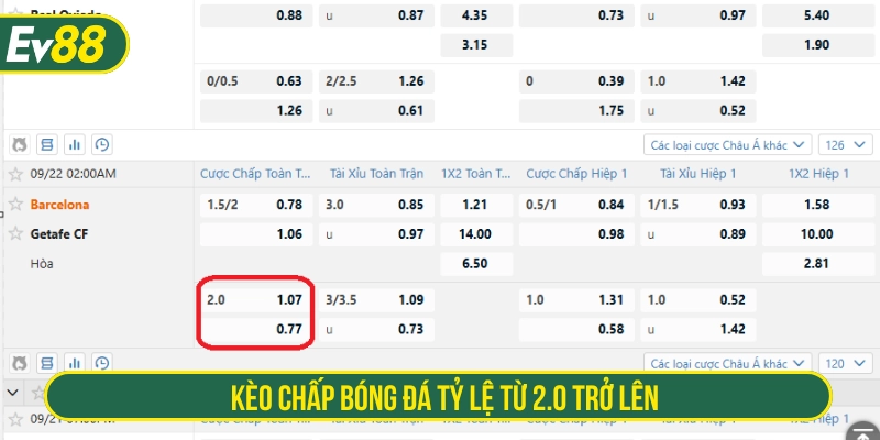 Các loại kèo chấp tỷ lệ 2 trở lên 